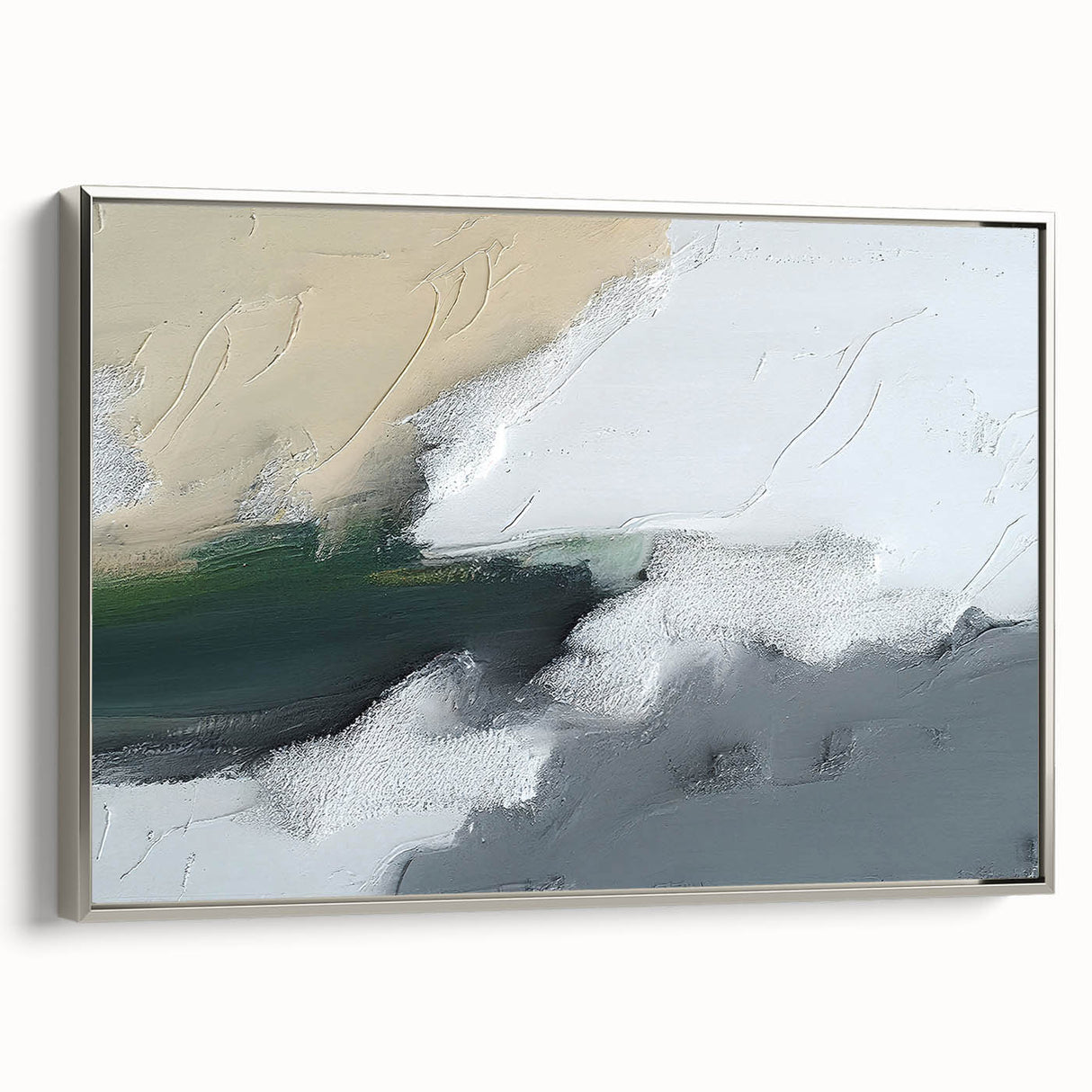 Framed canvas wall art showcasing an abstract design of strokes and lines in silver tones, perfect for modern home decor. Side view highlights the elegant frame, enhancing any interior space.
