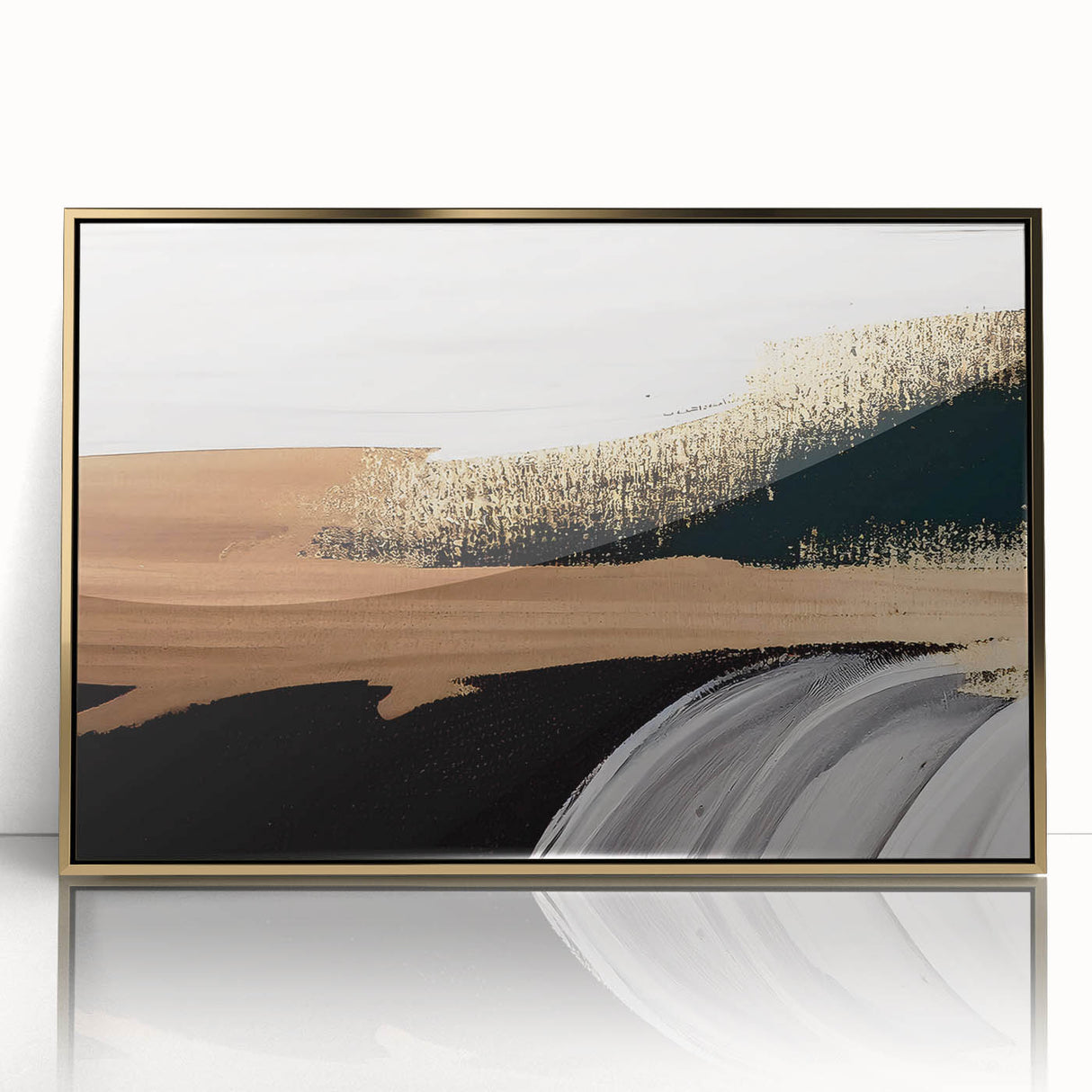 Framed acrylic wall art showcasing an abstract design with gold and black strokes, ideal for modern decor. Perfect for adding elegance to living spaces.