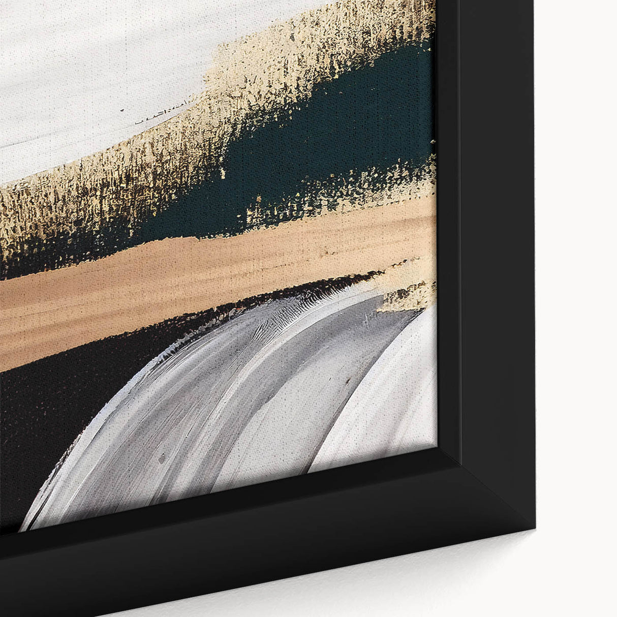 Close-up of a modern abstract wall art design featuring vibrant strokes and lines in shades of blue, orange, and gold, framed beautifully for contemporary decor.