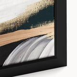 Close-up of a modern abstract wall art design featuring vibrant strokes and lines in shades of blue, orange, and gold, framed beautifully for contemporary decor.