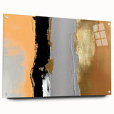 Acrylic glass wall art featuring an abstract design of colorful strokes and lines, displayed from a side view, showcasing its sleek pins and modern aesthetic. Perfect for contemporary decor.