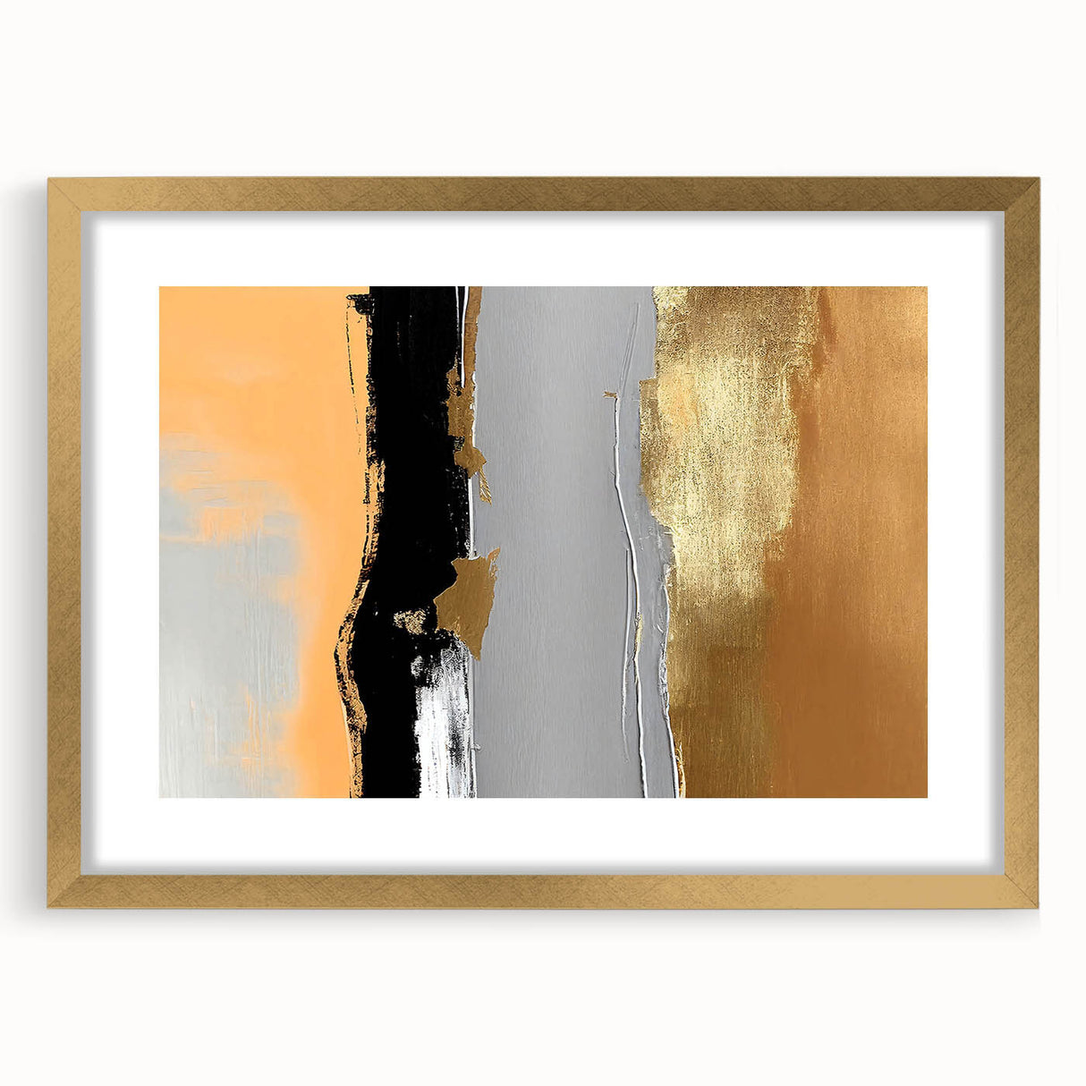 Abstract wall art featuring dynamic strokes and lines in a gold frame with matting, ideal for modern home decor. The design showcases a blend of colors that adds sophistication to any interior space.