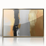 Framed acrylic wall art featuring an abstract design of gold strokes and lines, showcasing a modern aesthetic perfect for contemporary home decor.