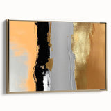 Framed wall art showcasing an abstract design of strokes and lines in gold and neutral tones, perfect for modern decor, displayed in a stylish setting.