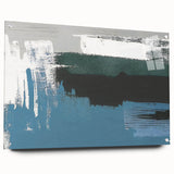Abstract wall art featuring vibrant strokes and lines in a modern design, displayed in a side view with acrylic glass and visible mounting pins, enhancing interior decor.