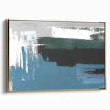 Framed canvas wall art showcasing an abstract design with dynamic strokes and lines in gold, enhancing modern decor with its elegant side view presentation.
