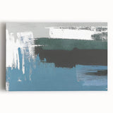 Abstract wall art design featuring colorful strokes and lines on a stretched canvas, showcasing vibrant hues of blue, yellow, and red, ideal for modern home decor.