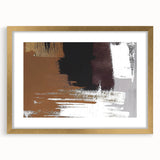 Abstract wall art featuring dynamic strokes and lines in gold and white, elegantly framed with a mat, ideal for modern home decor and artistic interiors.