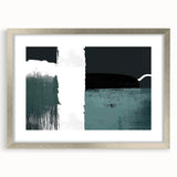 Abstract strokes and lines design in a silver-framed wall art piece, featuring a modern aesthetic with muted colors and a sleek mat, ideal for contemporary decor.