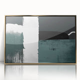 Framed wall art featuring an abstract design of strokes and lines in gold and neutral tones, adding a modern touch to home decor with a sleek acrylic finish.
