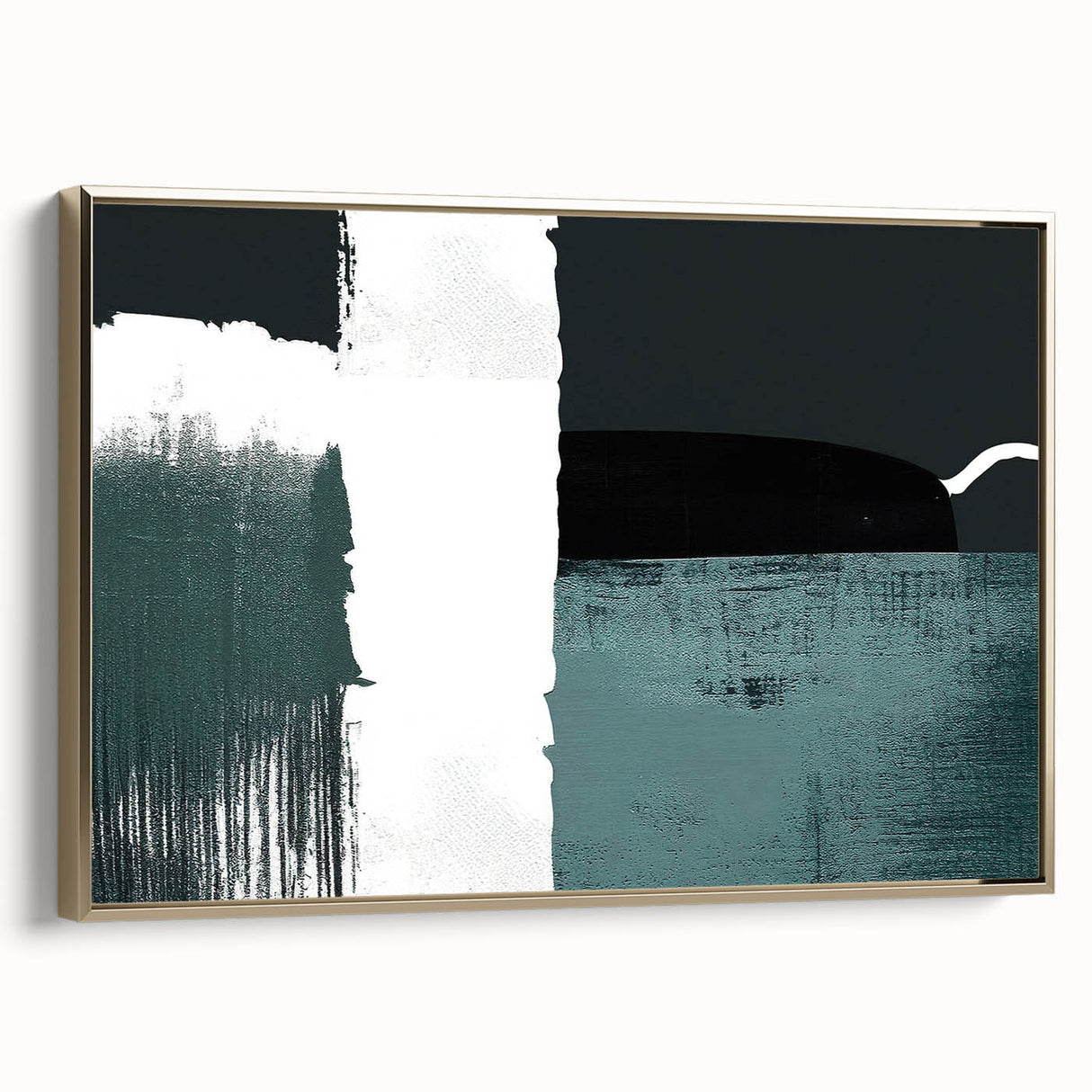 Framed wall art showcasing an abstract design with gold strokes and lines, set against a neutral background, perfect for modern home decor.