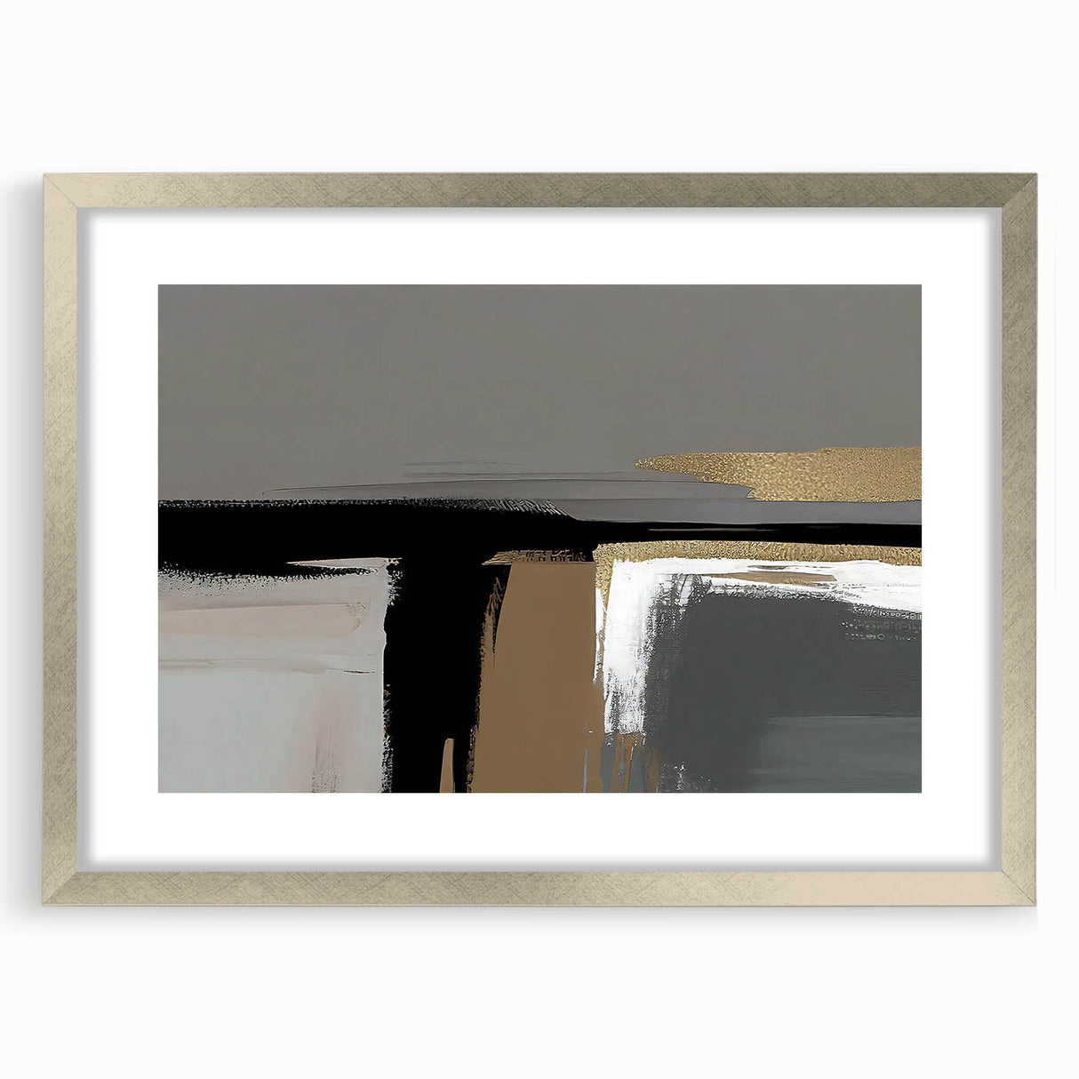 Abstract wall art featuring dynamic strokes and lines in a silver frame with a mat, ideal for modern home decor, adding elegance and style to any room.