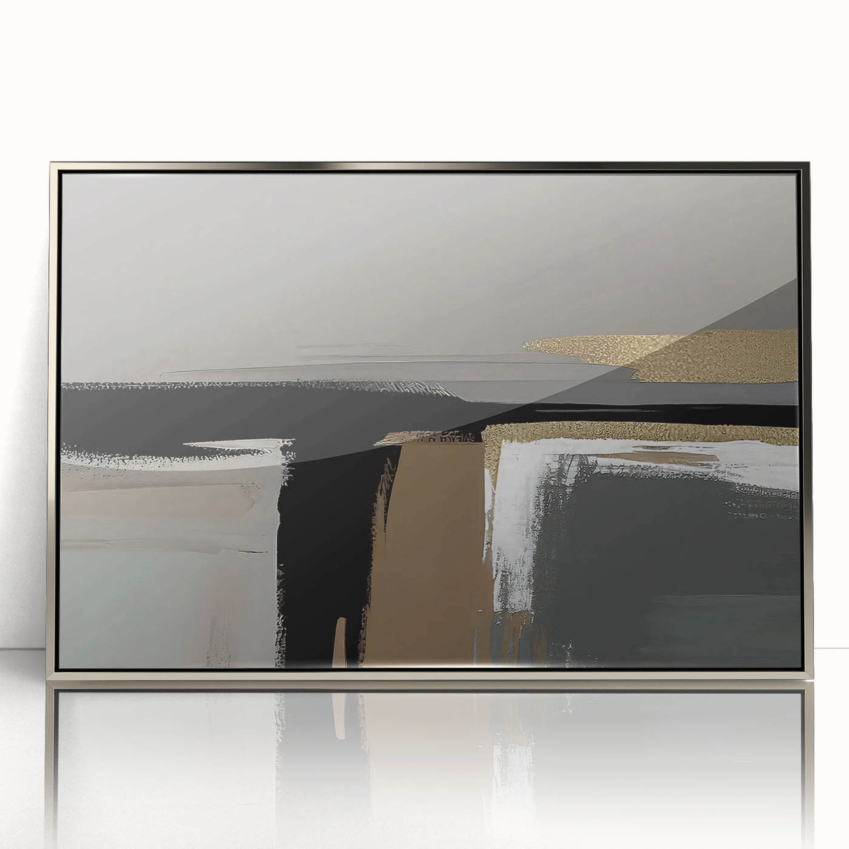 Framed wall art featuring an abstract design of silver strokes and lines on a neutral background, perfect for modern home decor or office aesthetics.