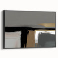 Framed canvas wall art showcasing an abstract design of colorful strokes and lines in black and gold hues, viewed from the side, ideal for modern decor.