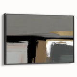 Framed canvas wall art showcasing an abstract design of colorful strokes and lines in black and gold hues, viewed from the side, ideal for modern decor.