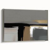 Framed canvas art showcasing an abstract design of strokes and lines in silver tones, perfect for modern home decor. Side view highlights the sleek frame and elegant finish.
