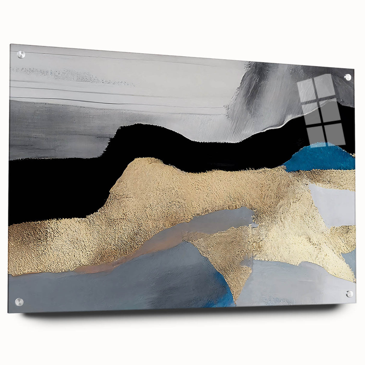 Acrylic glass wall art featuring an abstract design of colorful strokes and lines, showcasing a modern aesthetic with pins for easy display, enhancing contemporary decor.