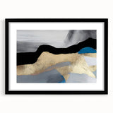 Abstract wall art featuring a modern design of colorful strokes and lines in a black frame with a mat, perfect for contemporary home decor or office spaces.