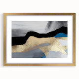Abstract wall art design featuring dynamic strokes and lines in muted tones, framed with a gold mat for an elegant touch, perfect for modern decor settings.
