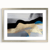 Abstract wall art featuring dynamic strokes and lines in a silver frame with a mat, showcasing a modern aesthetic perfect for contemporary decor.