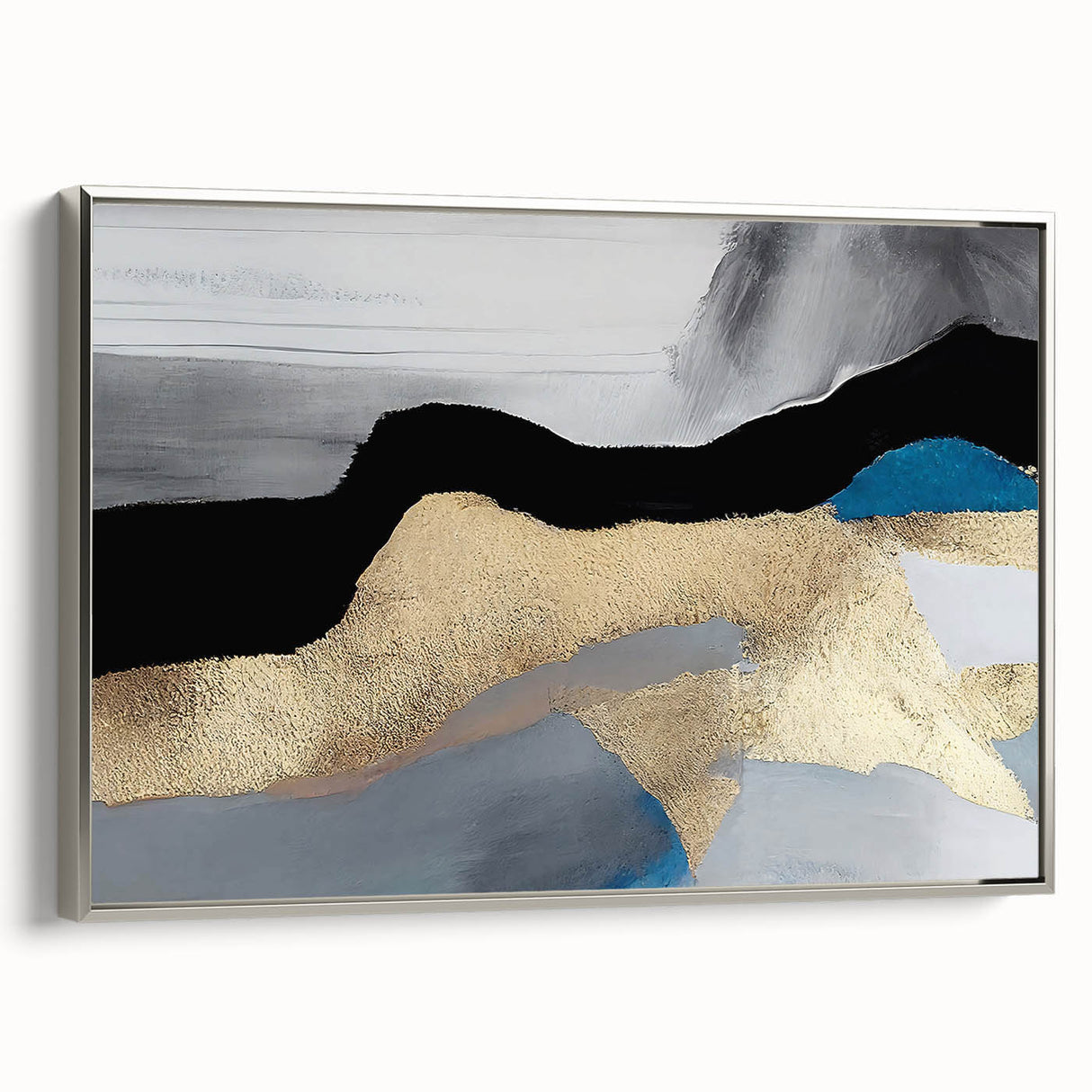 Framed canvas artwork showcasing an abstract design of strokes and lines in shades of silver, with a sleek side view highlighting its modern aesthetic, perfect for contemporary home decor.