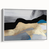 Framed canvas artwork showcasing an abstract design with vibrant strokes and lines in shades of blue and white, perfect for modern home decor.