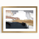 Framed wall art featuring an abstract design of colorful strokes and lines in gold, set against a white background, perfect for modern home decor.