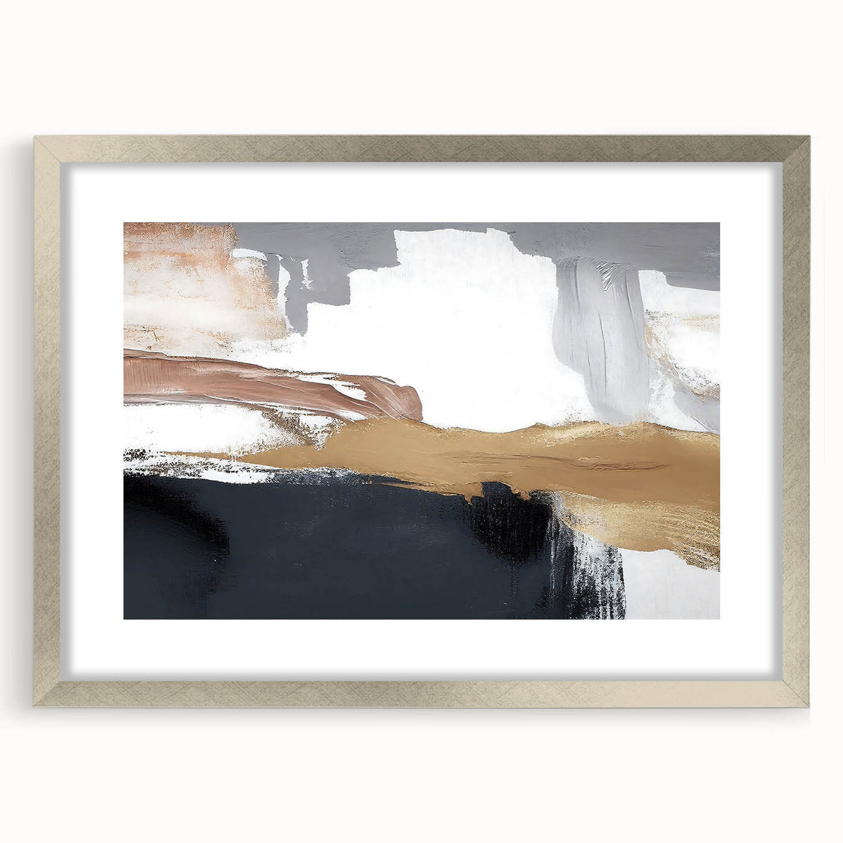 Abstract strokes and lines design wall art in a silver frame with matting, showcasing modern artistic elements suitable for contemporary decor. Perfect for enhancing living spaces with a touch of elegance and creativity.