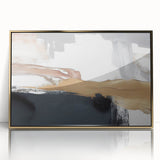 Framed wall art showcasing an abstract design with golden strokes and lines on a sleek acrylic background, perfect for modern home decor.