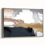 Framed wall art featuring an abstract design with gold strokes and lines on a textured canvas. Side view highlights the sleek frame, adding elegance to modern decor.