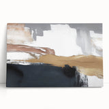 Abstract wall art featuring vibrant strokes and lines in a colorful design, printed on stretched canvas, leaning against a neutral wall, perfect for modern decor.