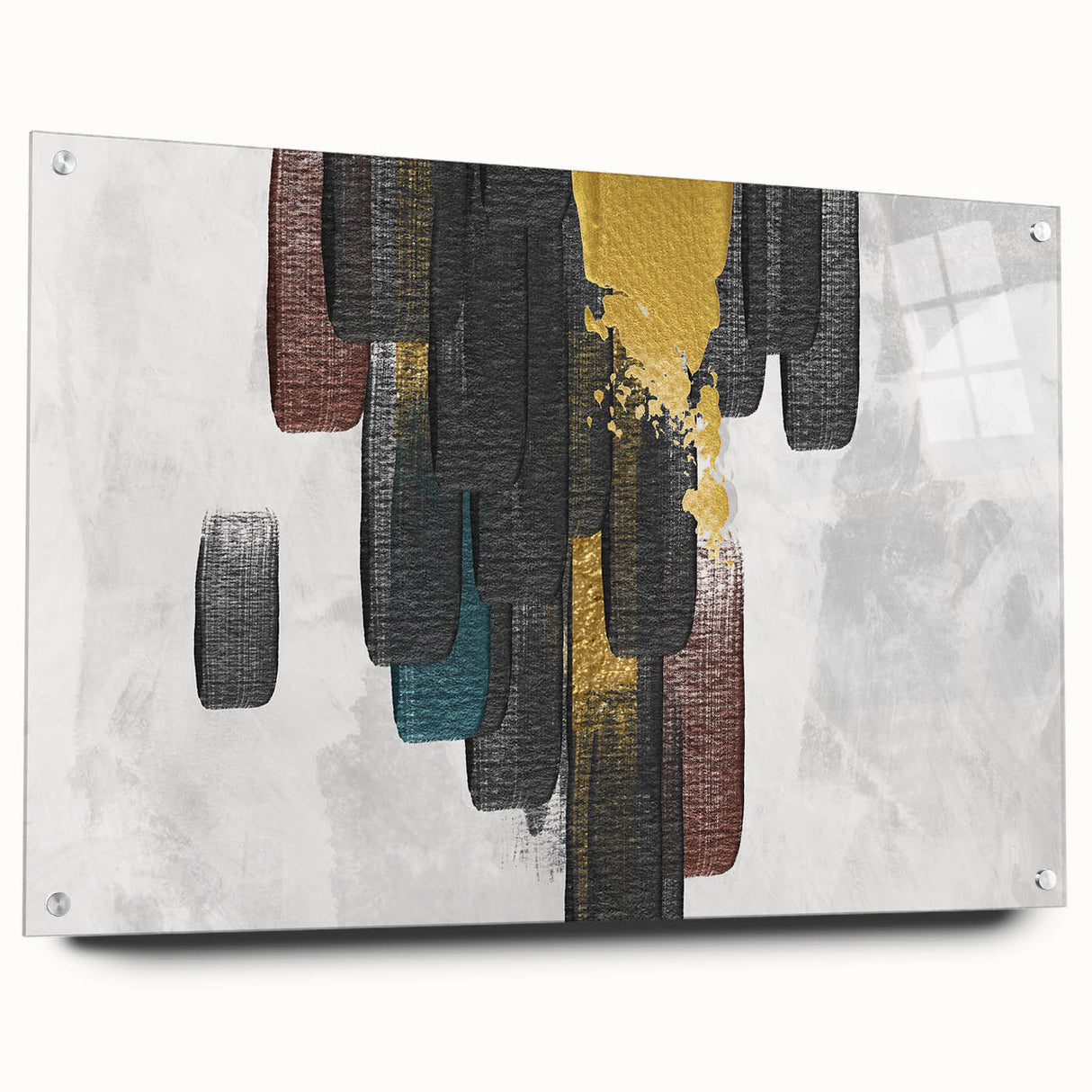 Abstract art wall decor showcasing vibrant strokes and lines in bold colors, displayed in an acrylic glass frame with side view pins, perfect for modern interiors.