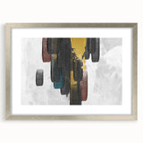 Abstract wall art featuring dynamic strokes and lines in a modern design, framed with a silver mat, ideal for contemporary home decor or office settings.