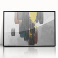 Framed wall art featuring an abstract design of colorful strokes and lines, presented in a sleek black frame, perfect for modern home decor.