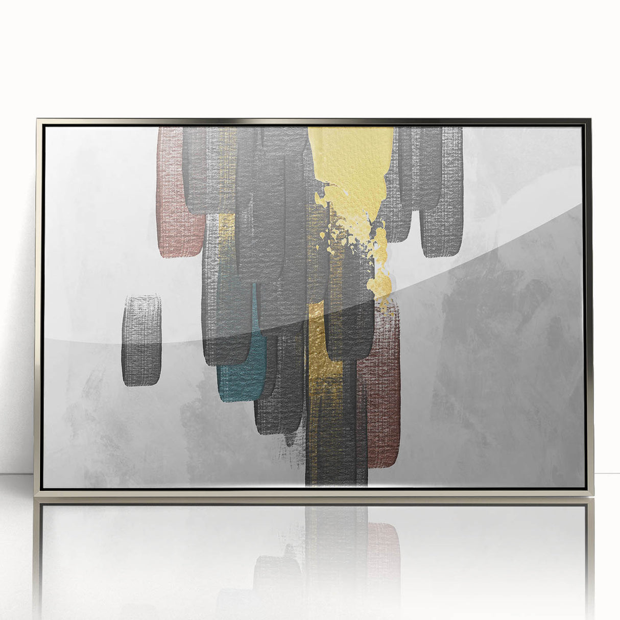 Framed abstract wall art design featuring dynamic silver strokes and lines against a soft background, perfect for modern interior decor. Ideal for enhancing living spaces.
