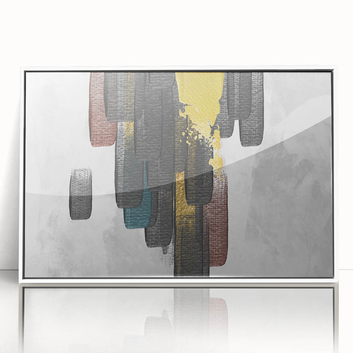 Framed wall art showcasing an abstract design with vibrant strokes and lines in a modern aesthetic, featuring a white frame that enhances the colorful composition. Ideal for contemporary home decor.