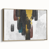 Framed canvas wall art showcasing an abstract design of golden strokes and lines, set against a minimalist background, ideal for modern home decor.
