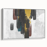 Framed canvas wall art showcasing an abstract design with colorful strokes and lines, set against a white background, highlighting modern artistic flair and elegance.