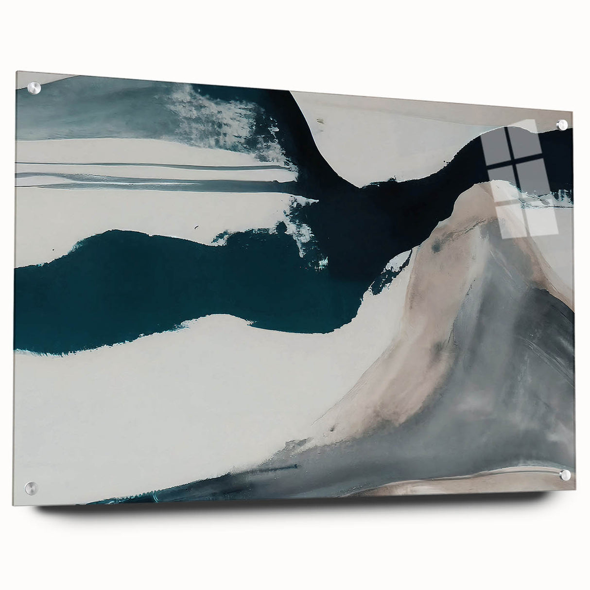 Abstract wall art featuring dynamic strokes and lines in vibrant colors, displayed in a sleek acrylic frame with decorative pins, perfect for modern decor.
