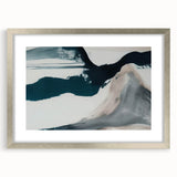 Abstract wall art featuring dynamic strokes and lines in a modern design, framed with a silver mat, enhancing contemporary decor aesthetics. Perfect for living spaces.