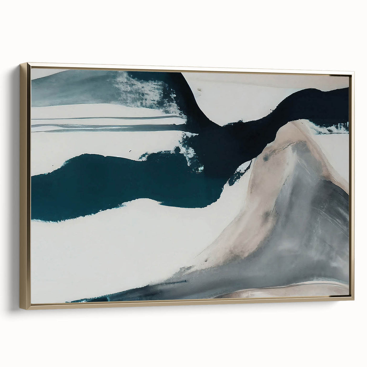 Framed canvas wall art displaying an abstract strokes and lines design in gold and neutral tones, showcasing a modern aesthetic ideal for contemporary home decor.