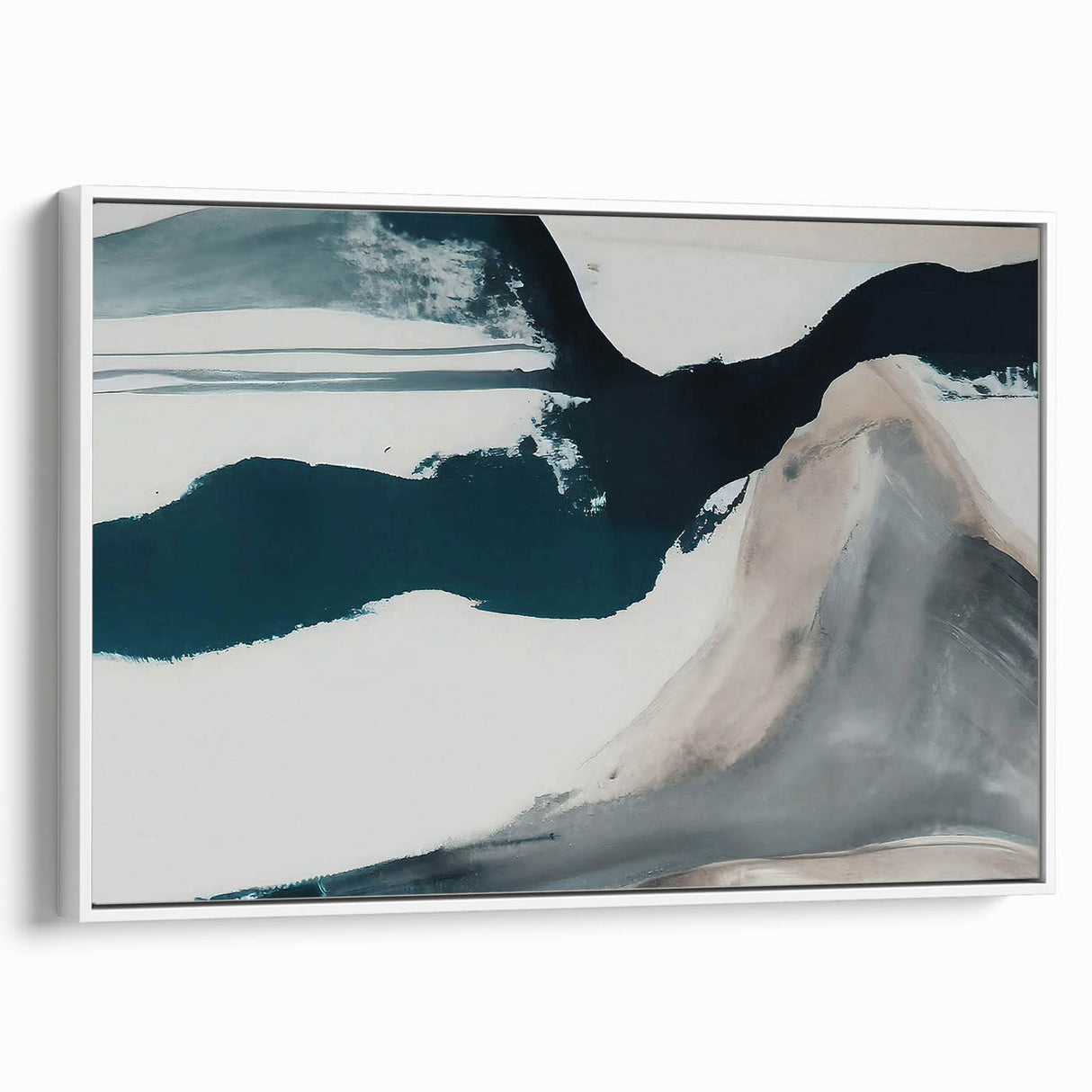 Framed canvas wall art showcasing an abstract design with vibrant strokes and lines in white and pastel colors, ideal for modern home decor.
