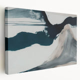 Abstract strokes and lines create a modern wall art piece on stretched canvas, showcasing a vibrant color palette of blues, yellows, and reds, perfect for contemporary decor.