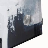 Abstract wall art design featuring vibrant strokes and lines in a blend of blue, gold, and white colors, presented on acrylic glass with a sleek finish.