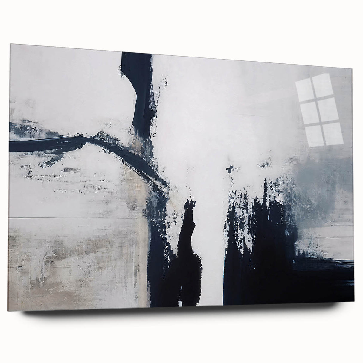 Acrylic glass wall art featuring an abstract design of colorful strokes and lines, displayed from a side view, showcasing its sleek edges and vibrant hues. Perfect for modern home decor, this piece adds a touch of contemporary elegance to any space.