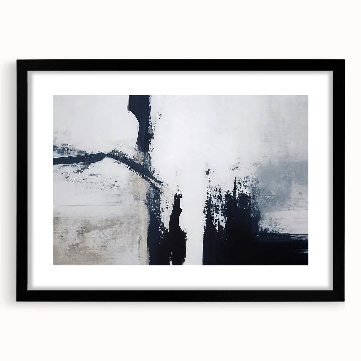 Abstract wall art featuring a collection of vibrant strokes and lines in a modern design, framed with a sleek black mat, ideal for contemporary decor.