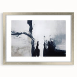Abstract wall art featuring dynamic strokes and lines in a silver frame with a mat, designed to enhance modern interior decor and create a sophisticated ambiance.