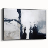 Framed canvas wall art featuring abstract strokes and lines in a modern design, presented in a sleek black frame, ideal for contemporary home decor.