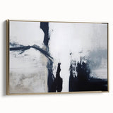 Framed canvas artwork showcasing an abstract design of gold strokes and lines, elegantly displayed in a side view, ideal for modern home decor.