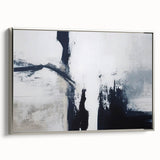 Framed canvas wall art showcasing an abstract design with strokes and lines in neutral tones, set against a sleek silver frame, perfect for modern decor enhancement.